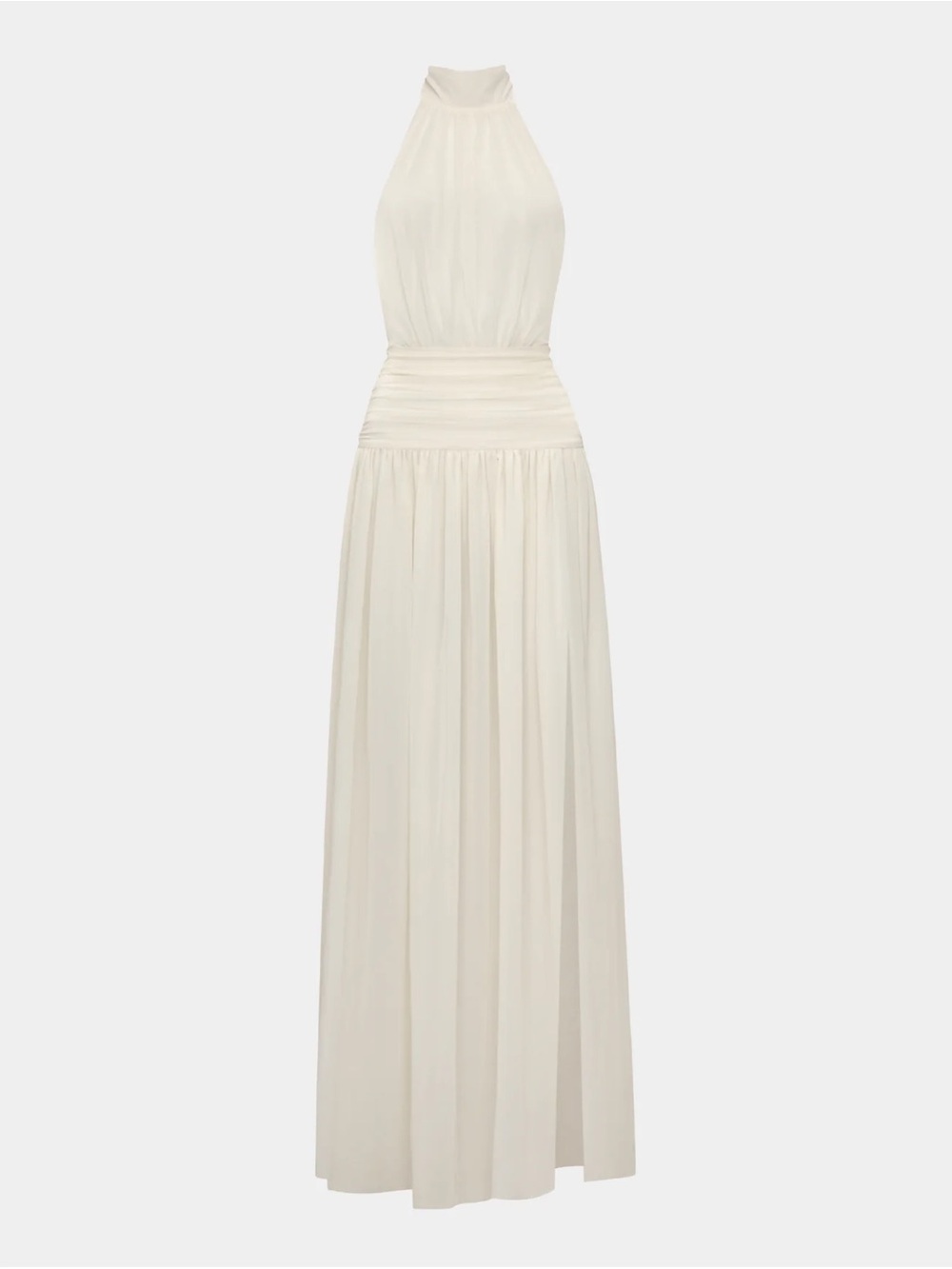 Halter Neck Cream Maxi Dress with Ruched Waist